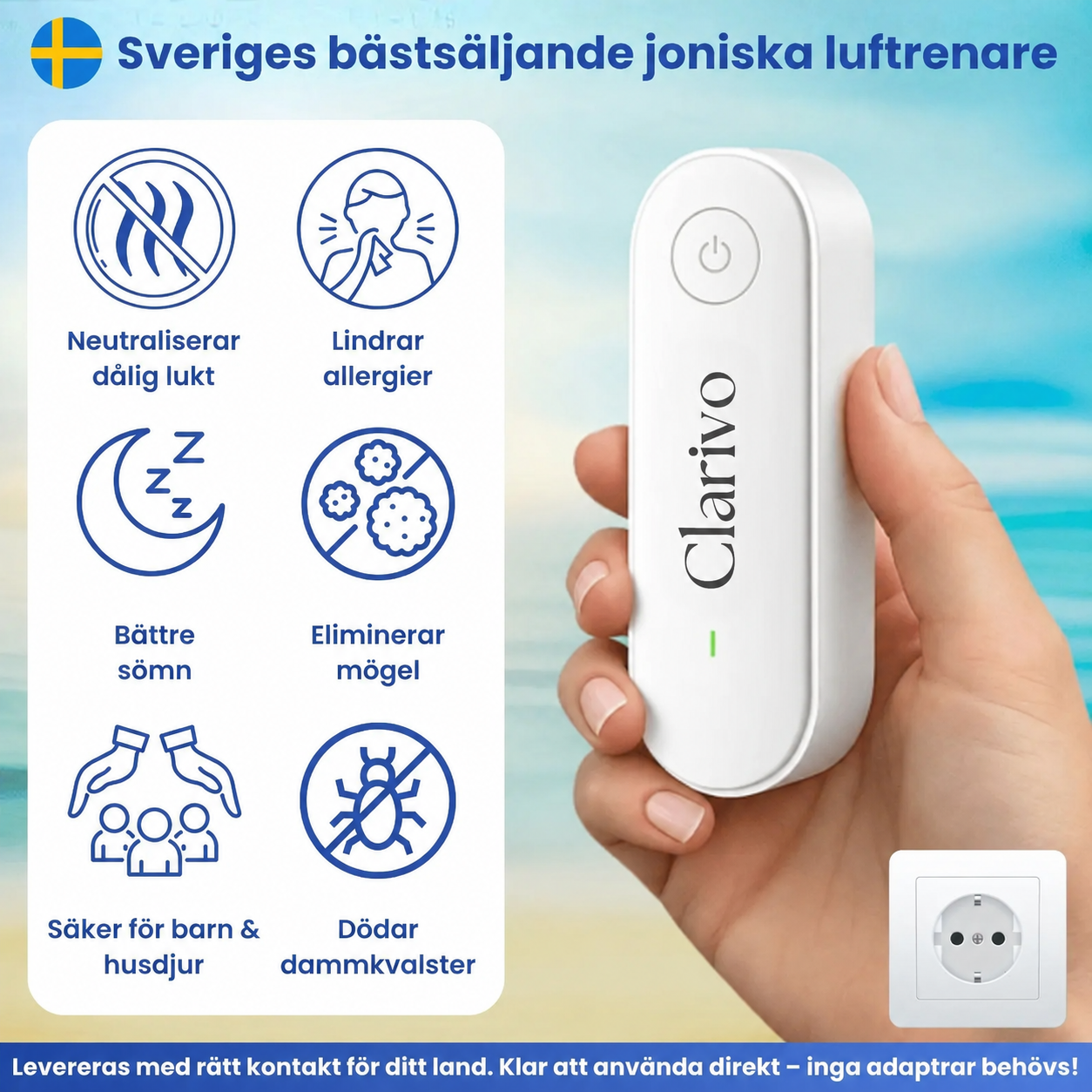 Clarivo™ Luftjoniserare | Hjälper till att minska luftburna allergener i ditt hem på bara 30 minuter